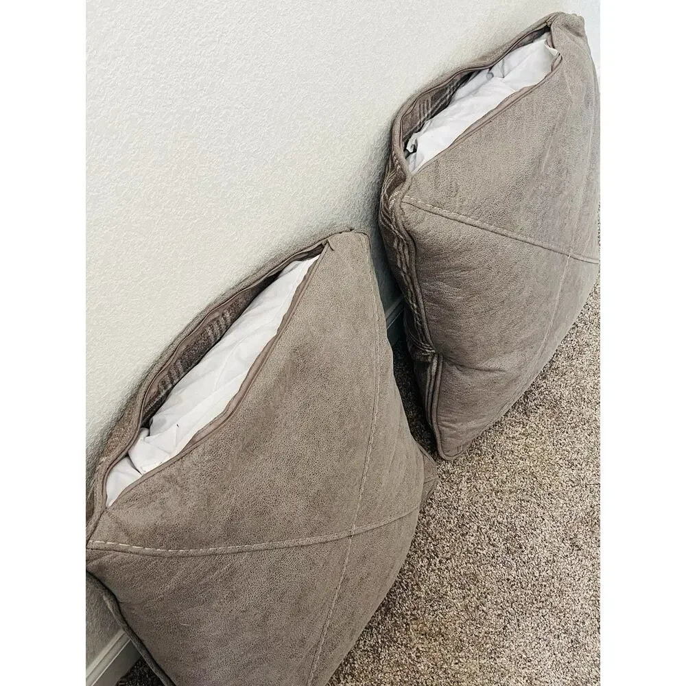 Set 2 Plaid 100% Waterfowl Feather Pillows Beige Tan Gray Grey Checkered Suede